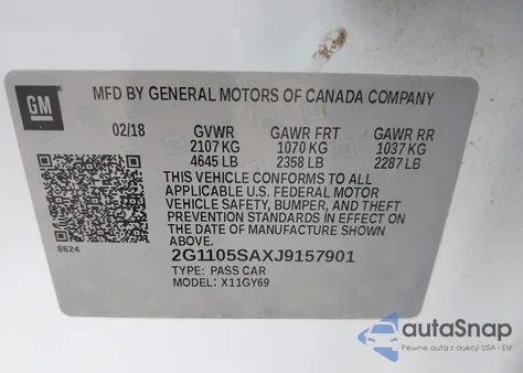 2018 Chevrolet Impala 1Lt z USA, uszkodzony, nr VIN 2G1105SAXJ9157901